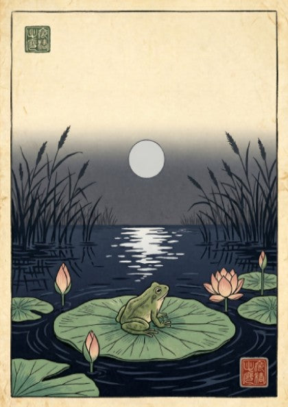 Japanese art style poster featuring a frog on a lily pad under a moonlit pond, perfect for wall decor.