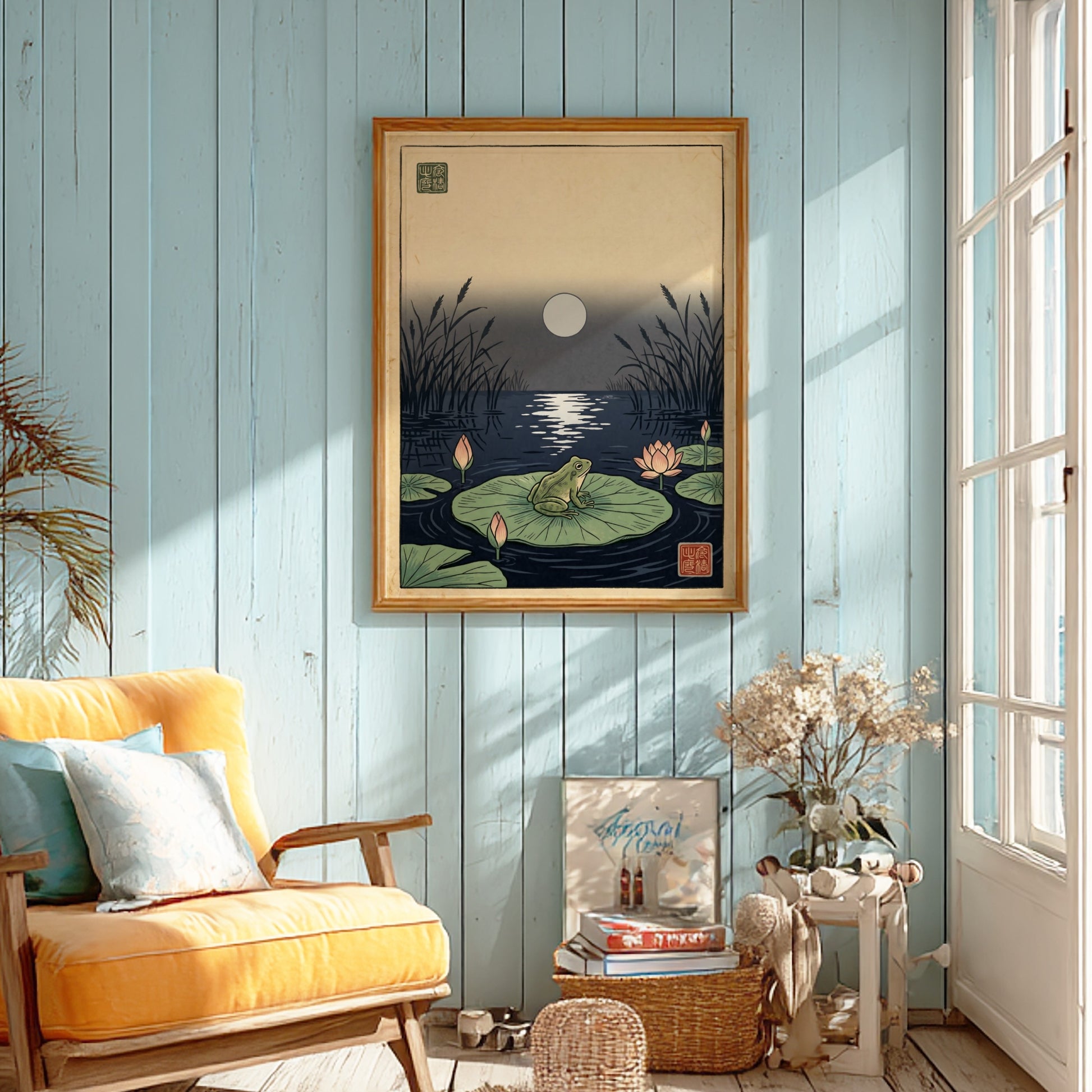 Japanese art style poster featuring a frog on a lily pad under a moonlit pond, perfect for wall decor.
