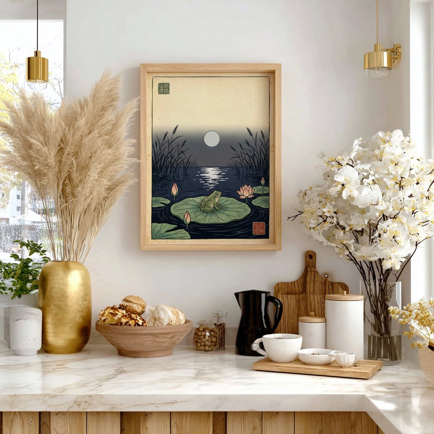 Japanese art style poster featuring a frog on a lily pad under a moonlit pond, perfect for wall decor.