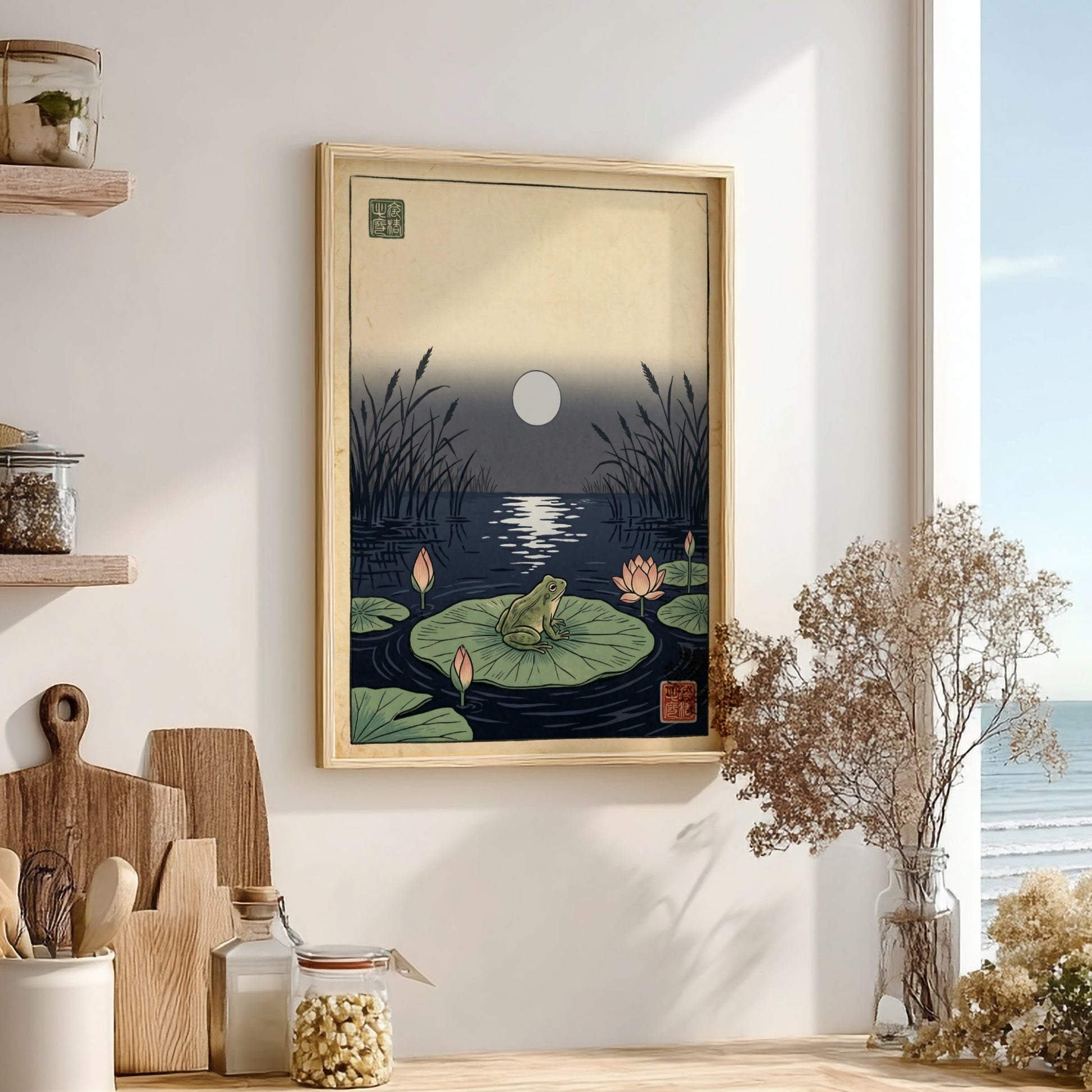 Japanese art style poster featuring a frog on a lily pad under a moonlit pond, perfect for wall decor.