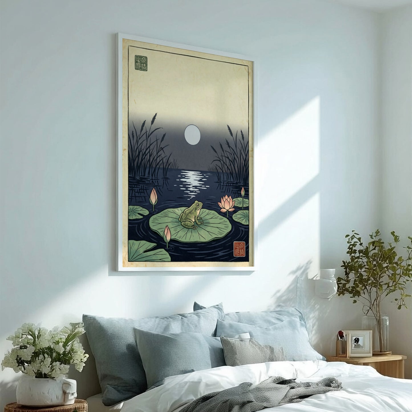 Japanese art style poster featuring a frog on a lily pad under a moonlit pond, perfect for wall decor.