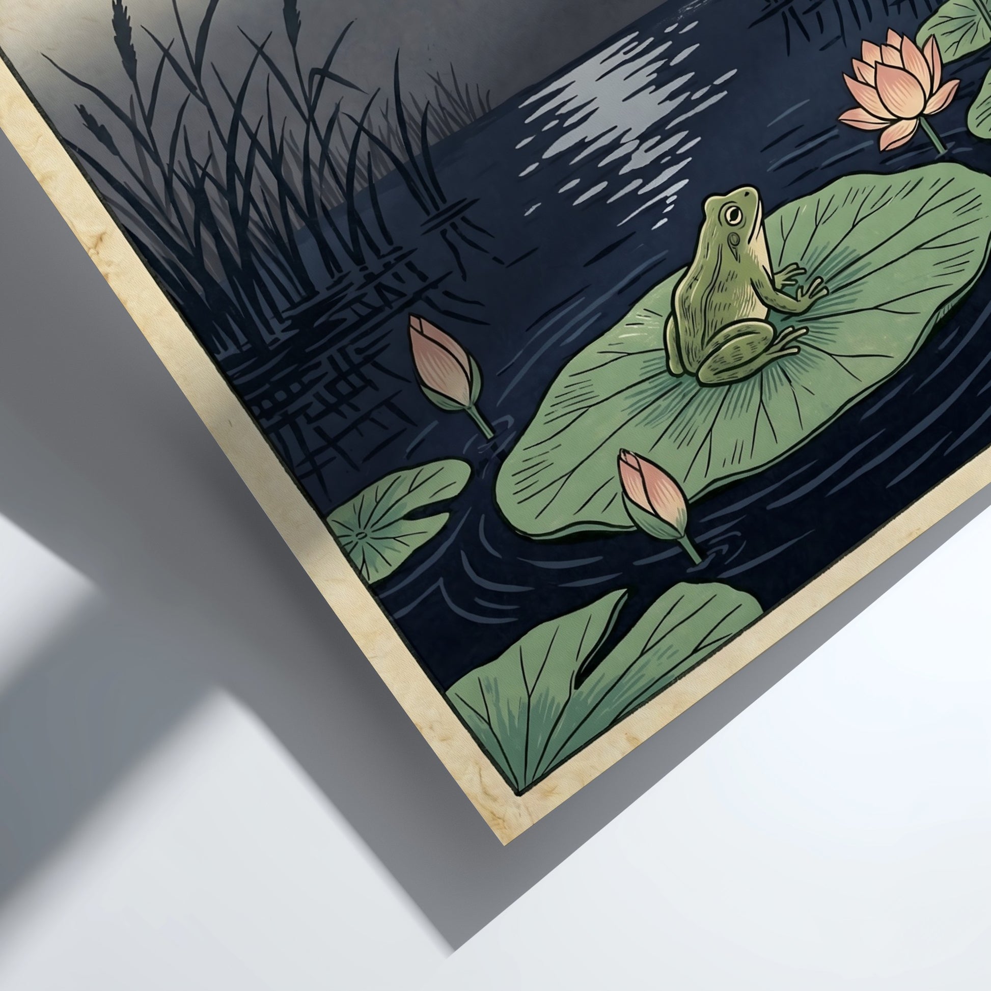 Japanese art style poster featuring a frog on a lily pad under a moonlit pond, perfect for wall decor.