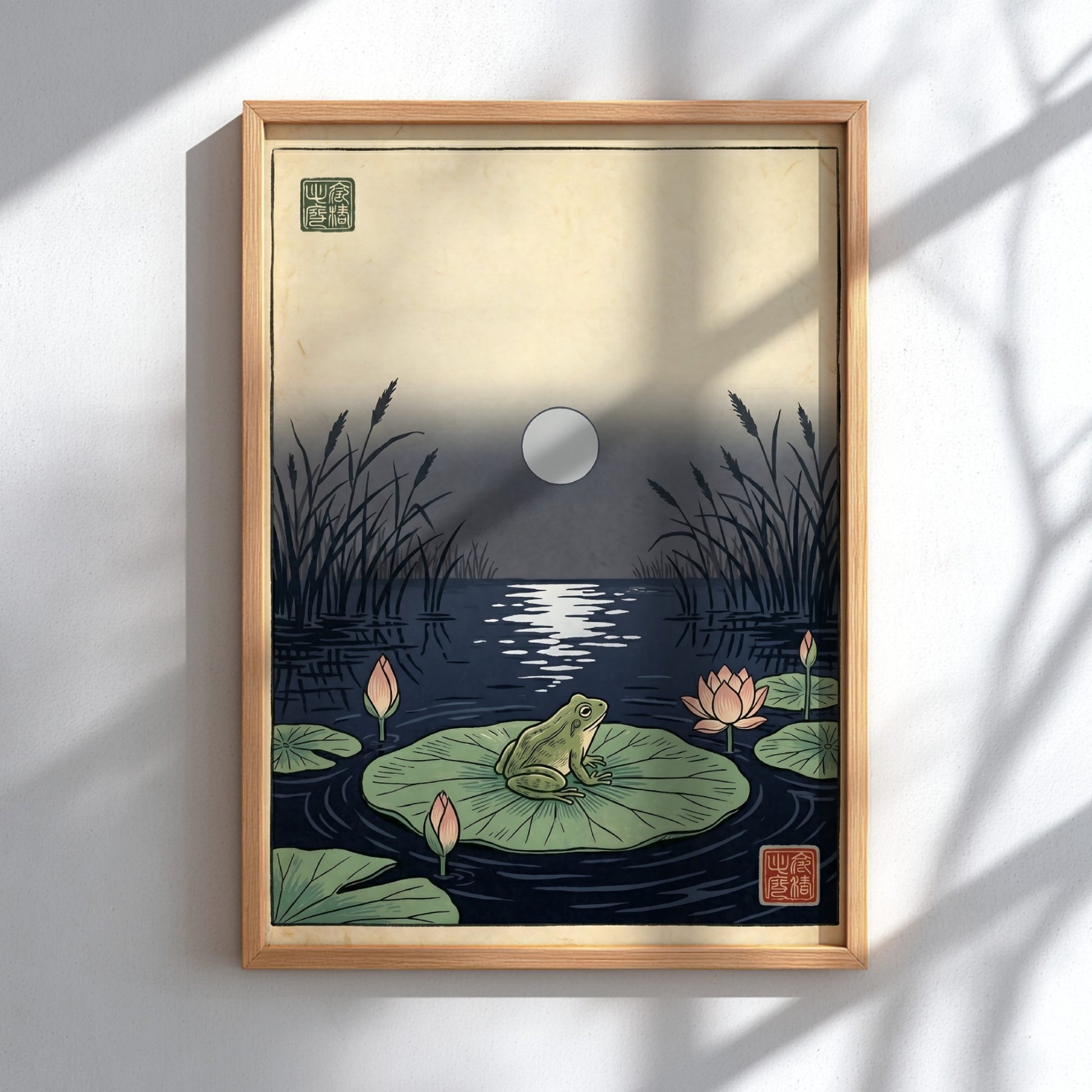 Japanese art style poster featuring a frog on a lily pad under a moonlit pond, perfect for wall decor.