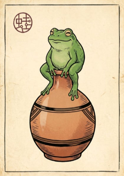 Japanese art style poster featuring a green frog on a vase in earthy tones