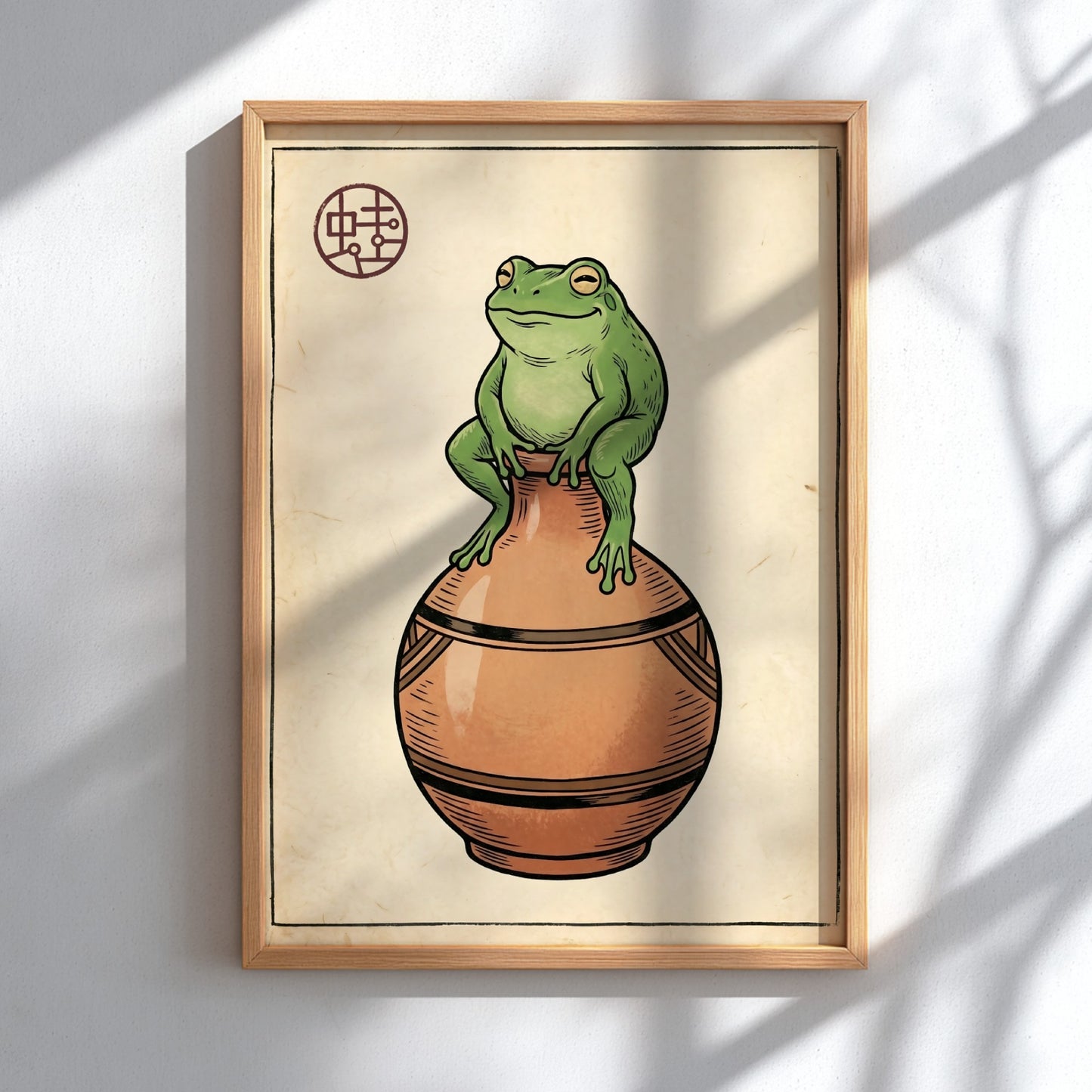 Japanese art style poster featuring a green frog on a vase in earthy tones