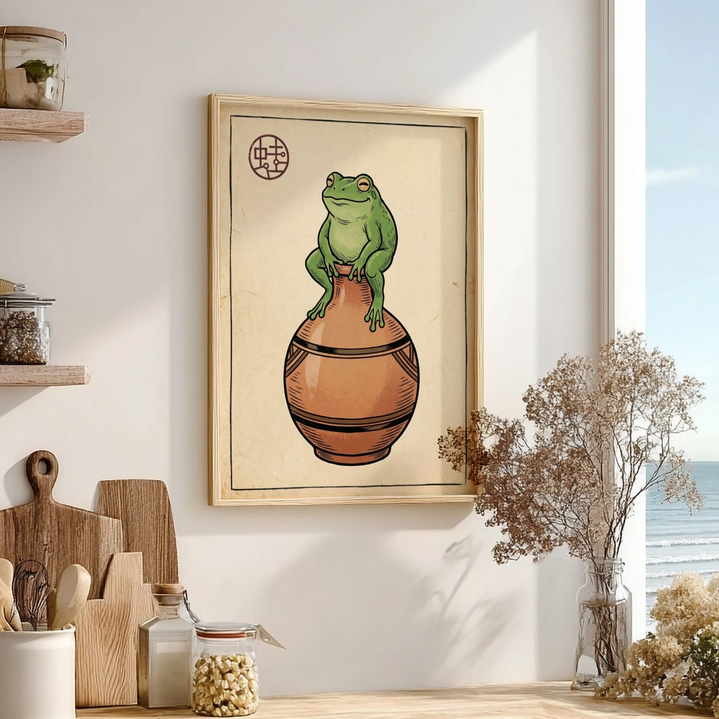 Japanese art style poster featuring a green frog on a vase in earthy tones