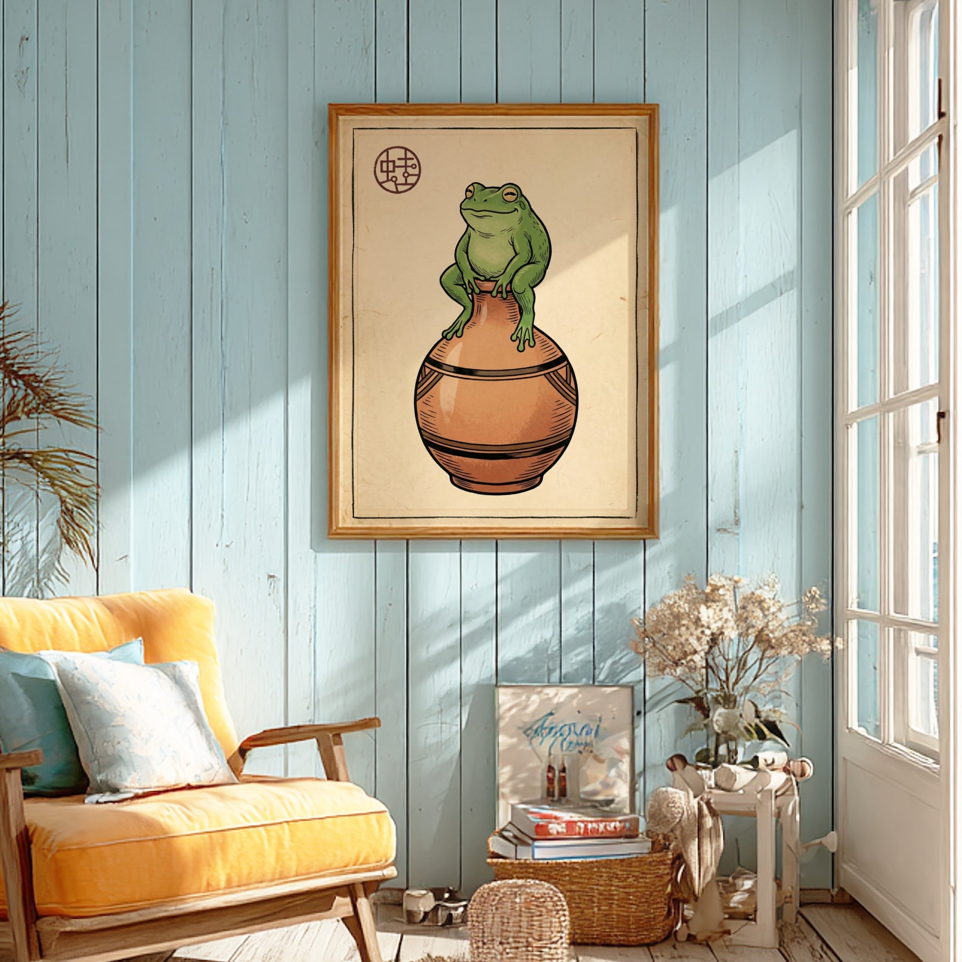 Japanese art style poster featuring a green frog on a vase in earthy tones