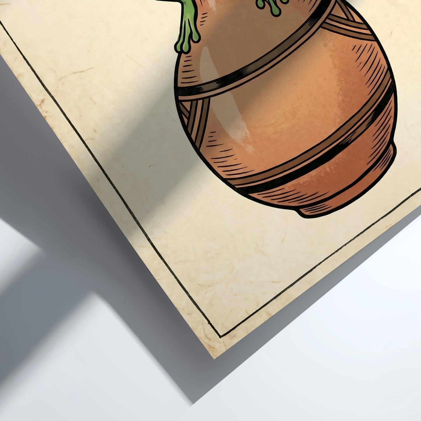 Japanese art style poster featuring a green frog on a vase in earthy tones