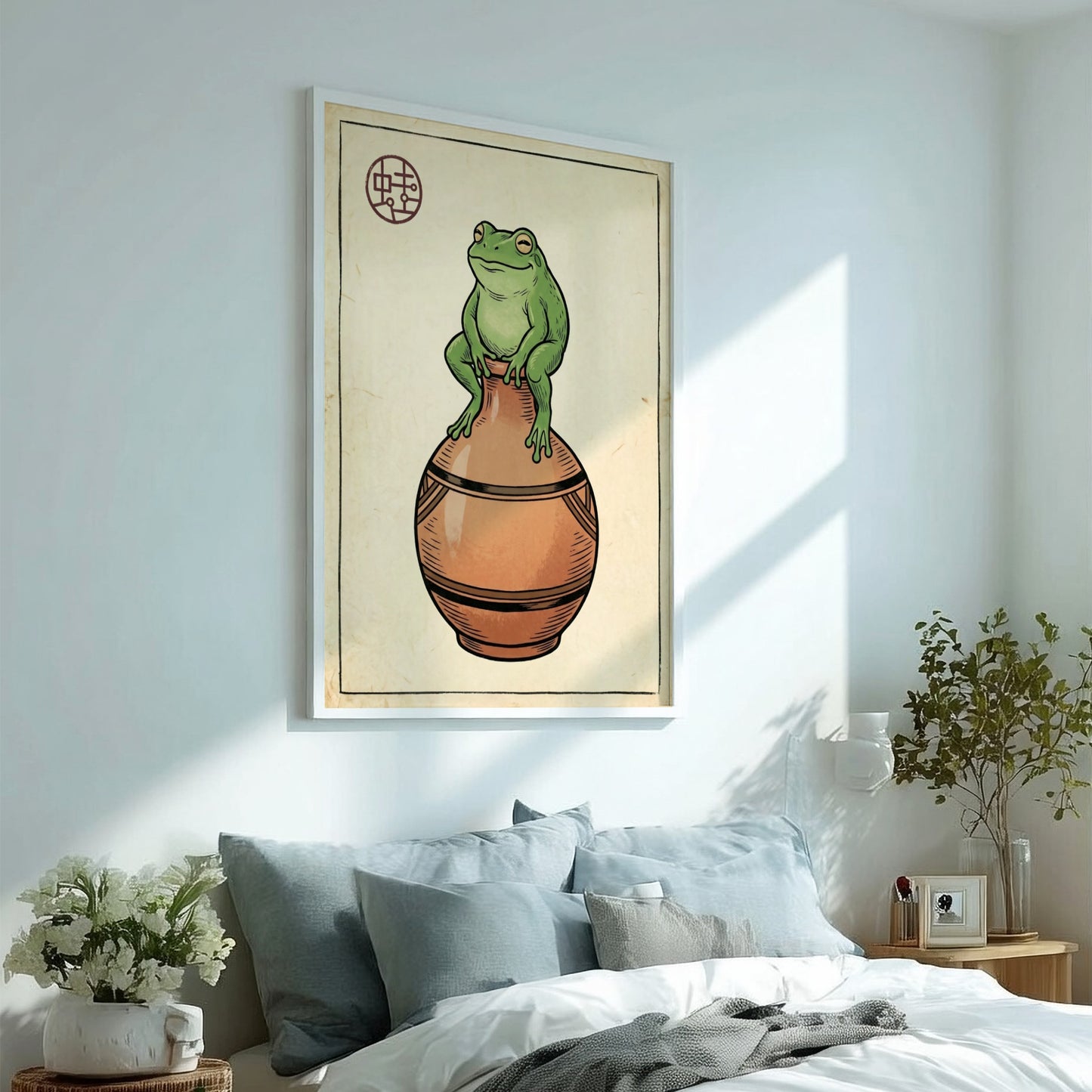 Japanese art style poster featuring a green frog on a vase in earthy tones