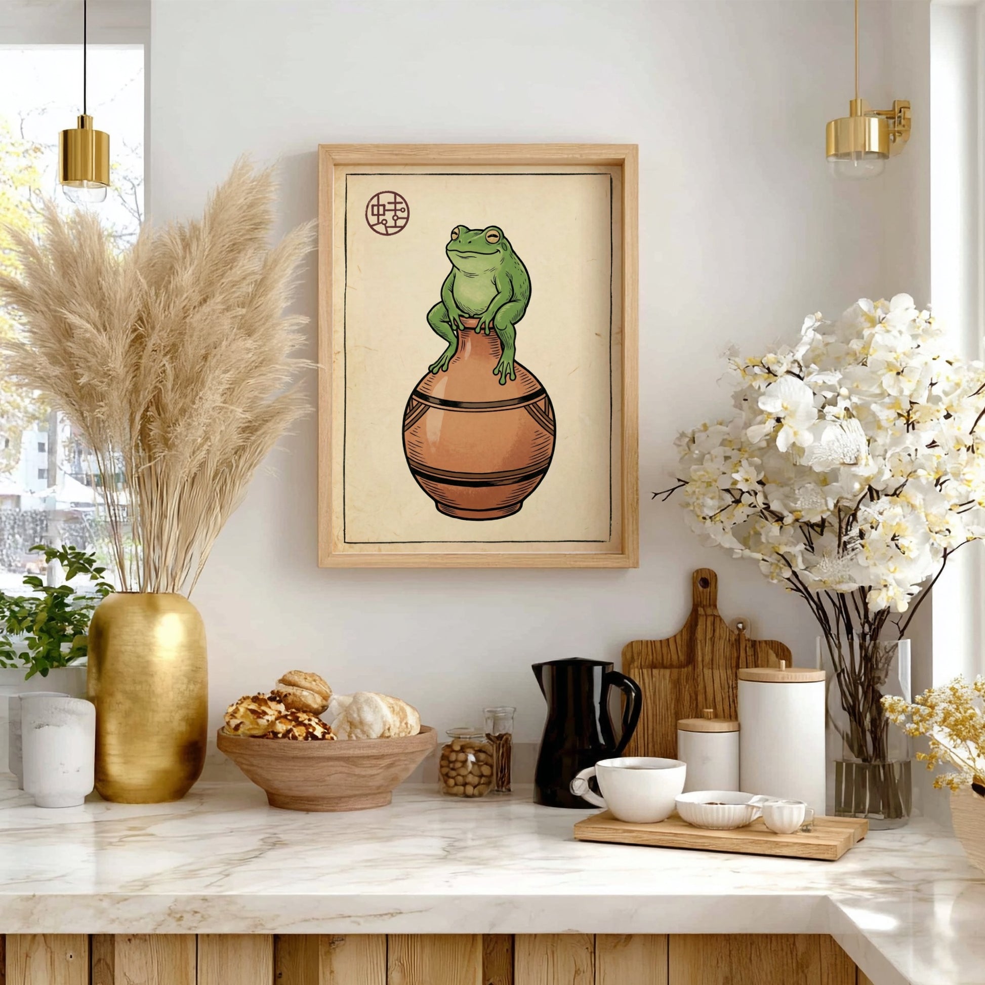 Japanese art style poster featuring a green frog on a vase in earthy tones