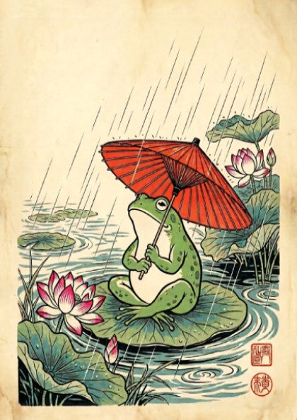 Japanese art style poster featuring a frog with a red umbrella on a lily pad