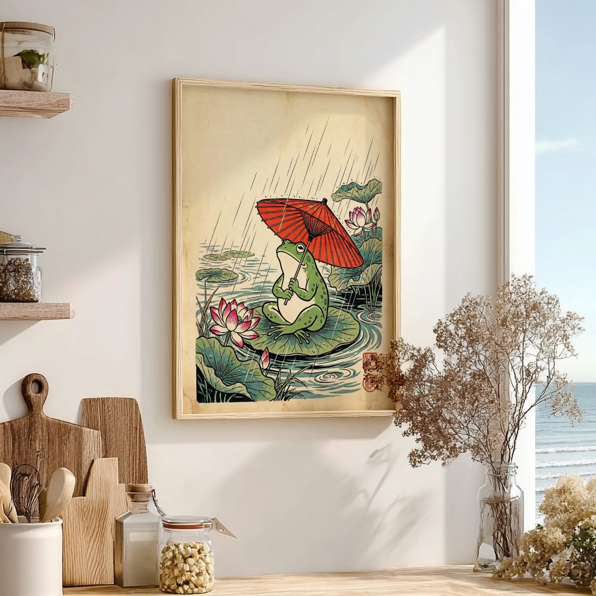 Japanese art style poster featuring a frog with a red umbrella on a lily pad