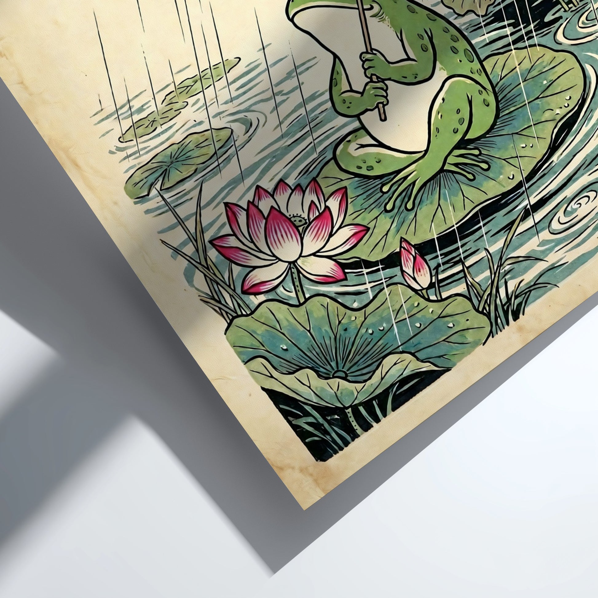 Japanese art style poster featuring a frog with a red umbrella on a lily pad