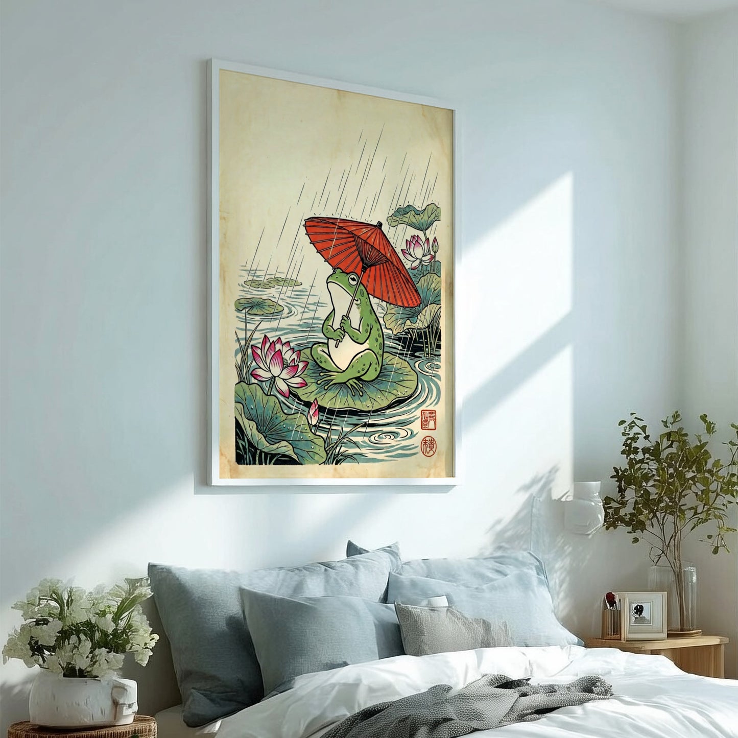 Japanese art style poster featuring a frog with a red umbrella on a lily pad