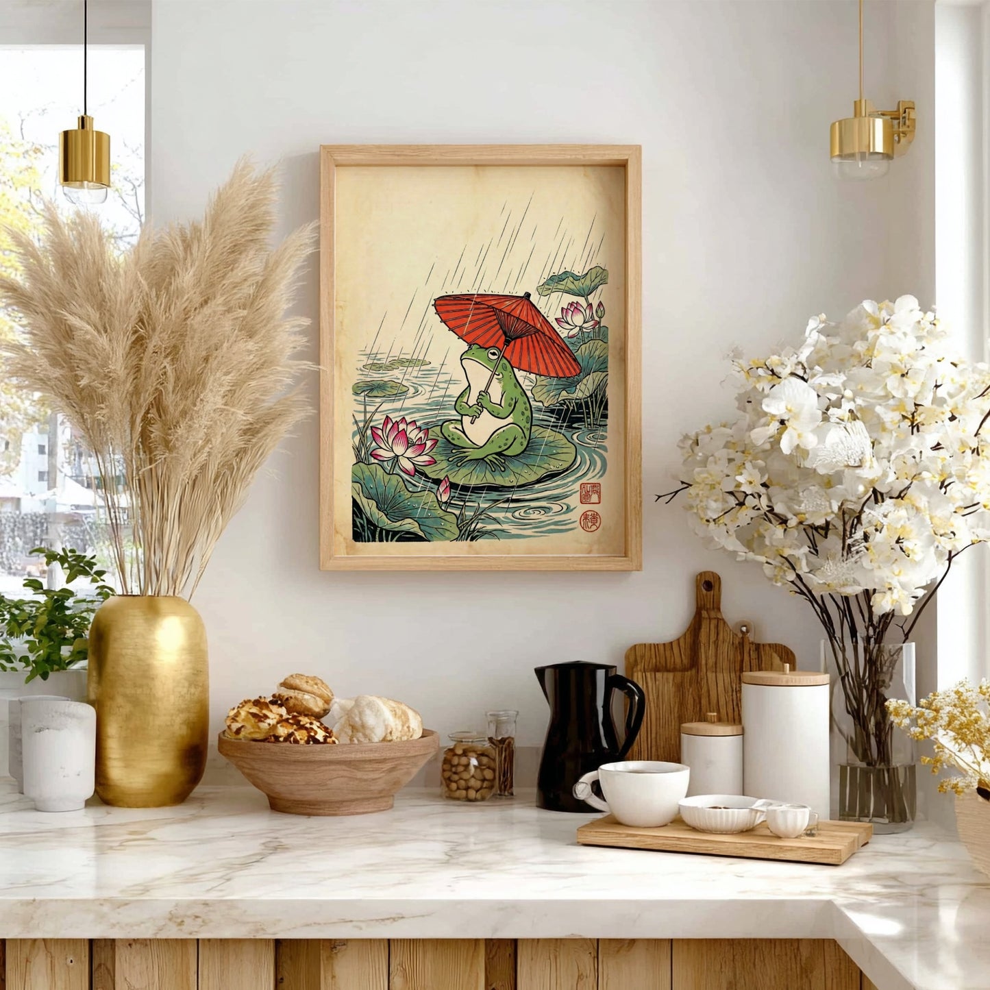 Japanese art style poster featuring a frog with a red umbrella on a lily pad