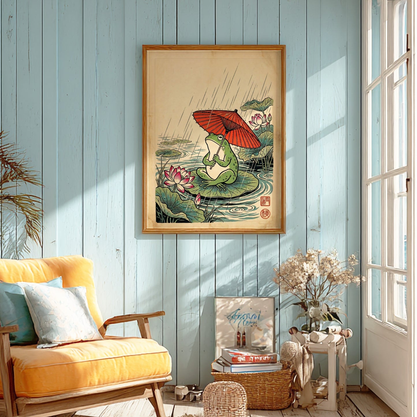 Japanese art style poster featuring a frog with a red umbrella on a lily pad
