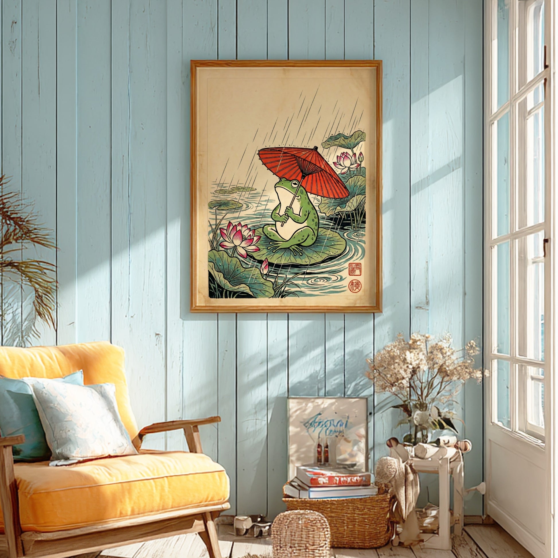Japanese art style poster featuring a frog with a red umbrella on a lily pad