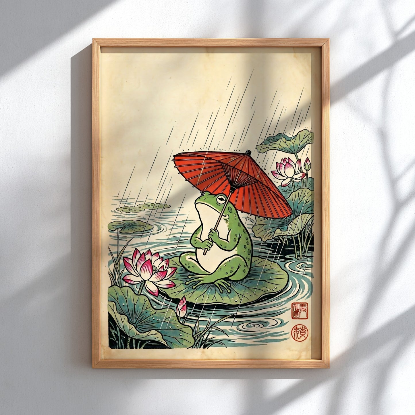 Japanese art style poster featuring a frog with a red umbrella on a lily pad