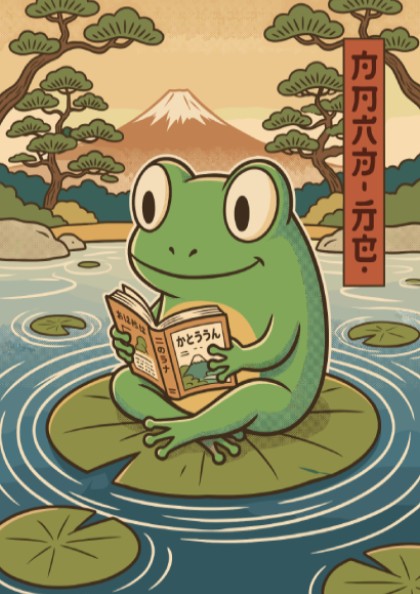 Poster featuring a green frog reading a book on a lily pad pond