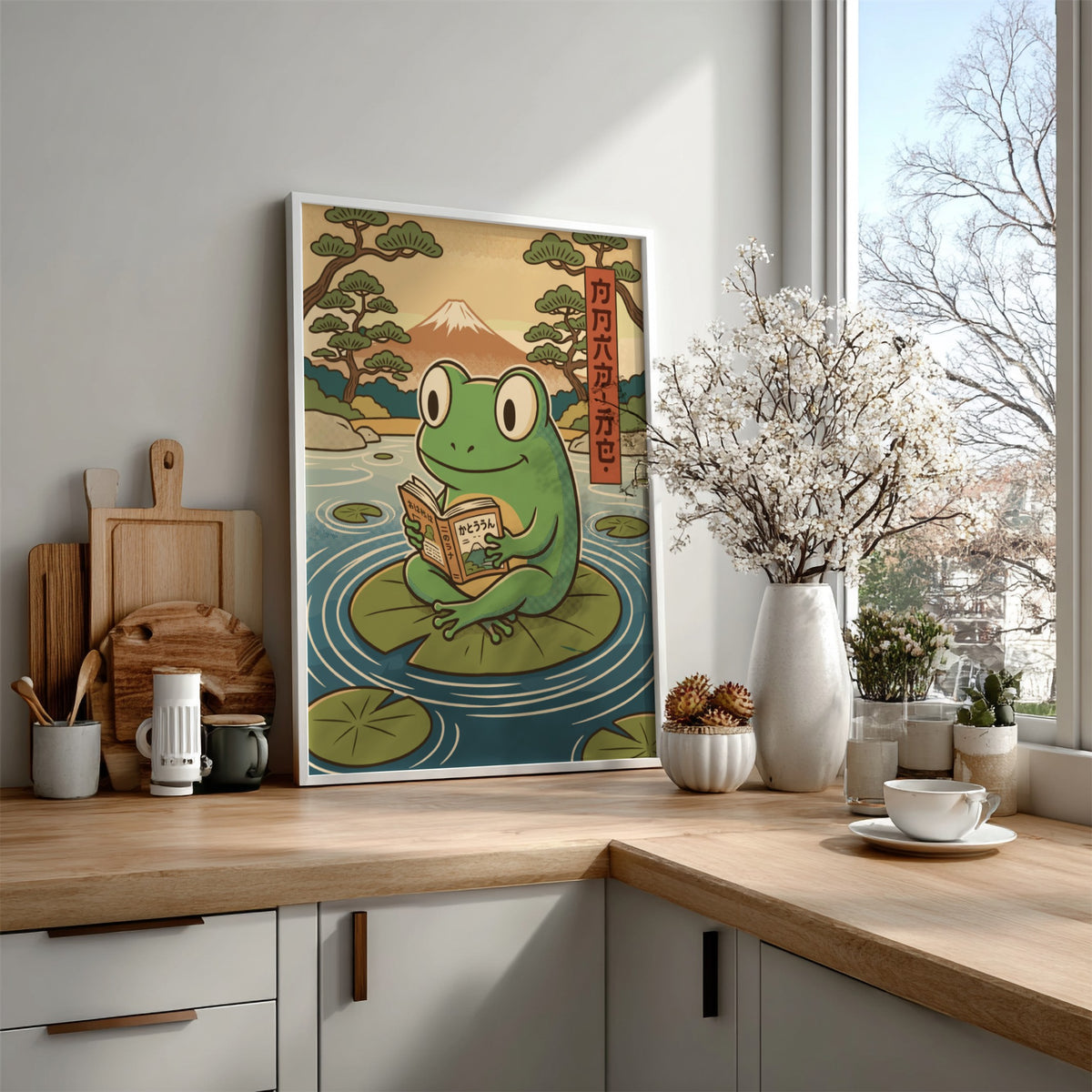 Poster featuring a green frog reading a book on a lily pad pond
