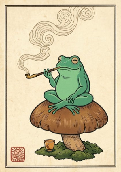 Japanese art style poster featuring a green frog smoking a pipe on a mushroom