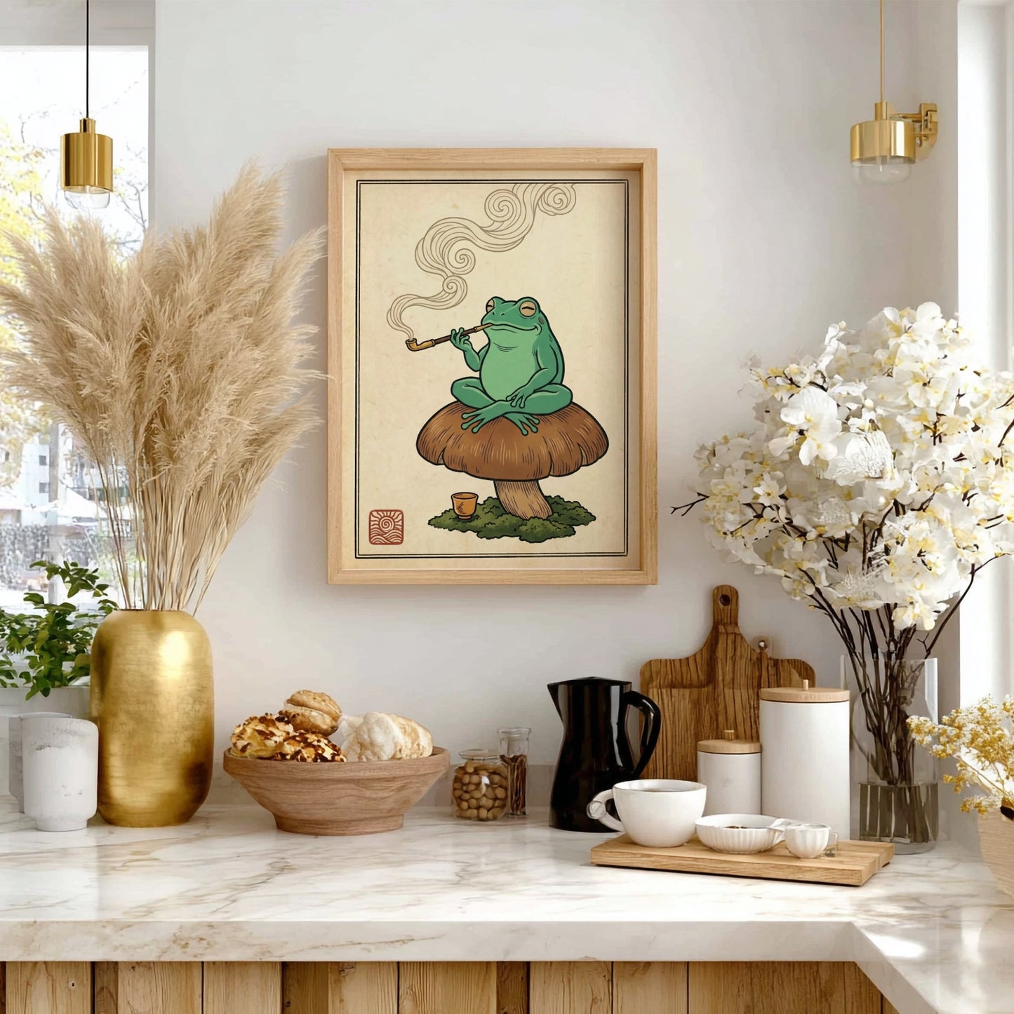 Japanese art style poster featuring a green frog smoking a pipe on a mushroom