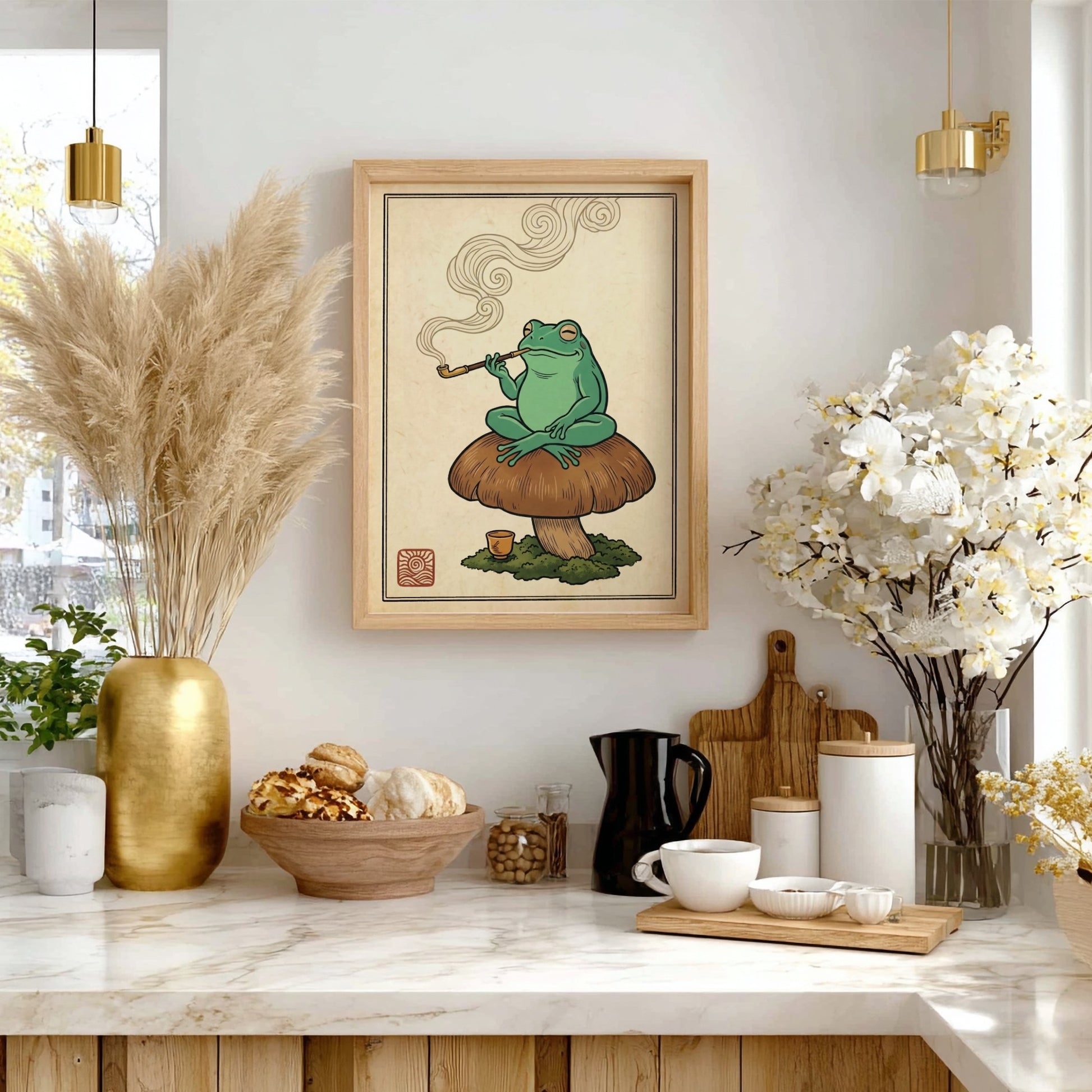 Japanese art style poster featuring a green frog smoking a pipe on a mushroom