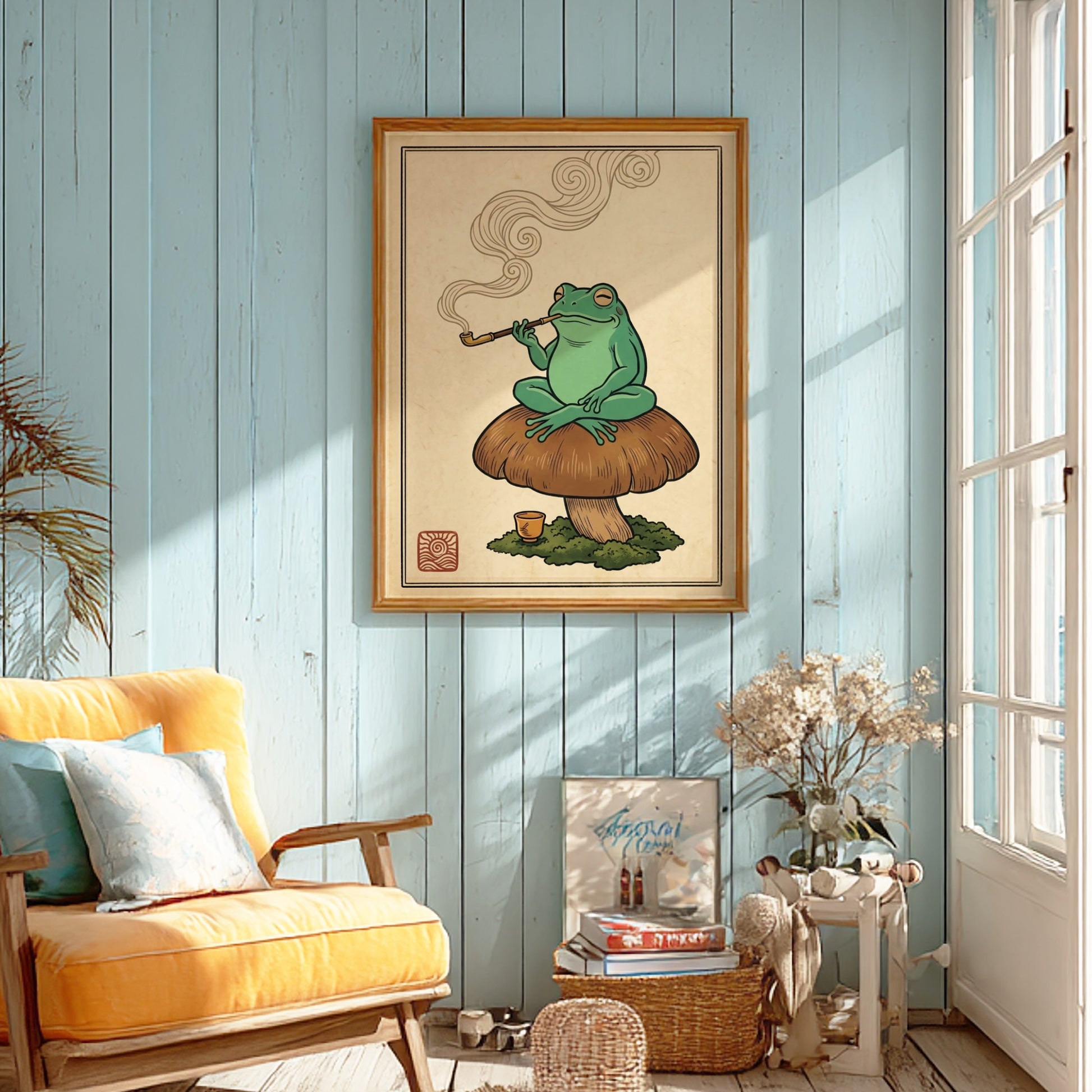 Japanese art style poster featuring a green frog smoking a pipe on a mushroom