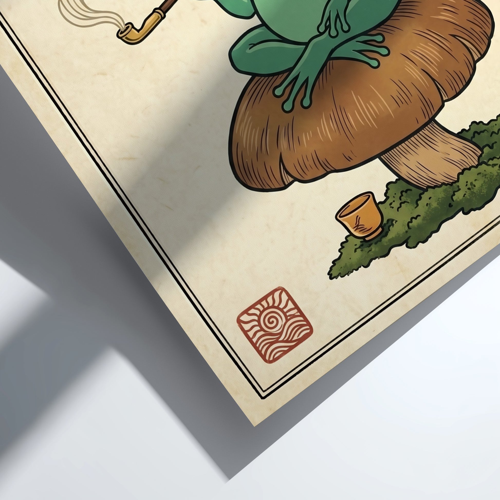 Japanese art style poster featuring a green frog smoking a pipe on a mushroom