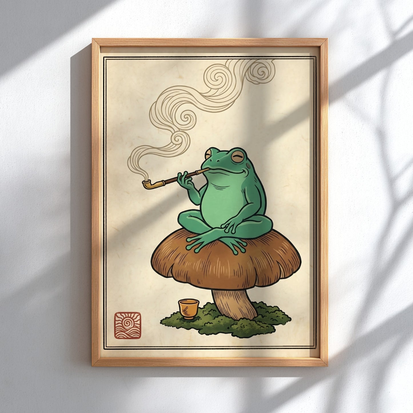 Japanese art style poster featuring a green frog smoking a pipe on a mushroom