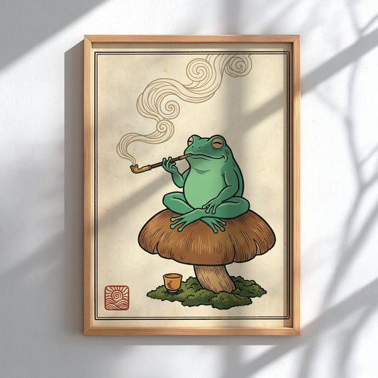 Japanese art style poster featuring a green frog smoking a pipe on a mushroom