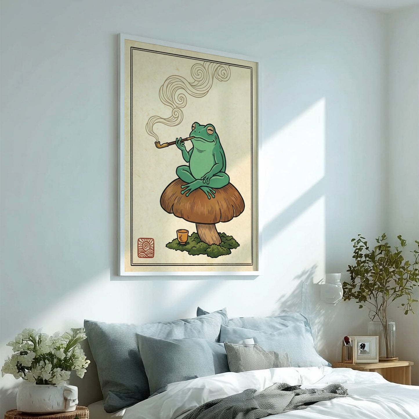 Japanese art style poster featuring a green frog smoking a pipe on a mushroom