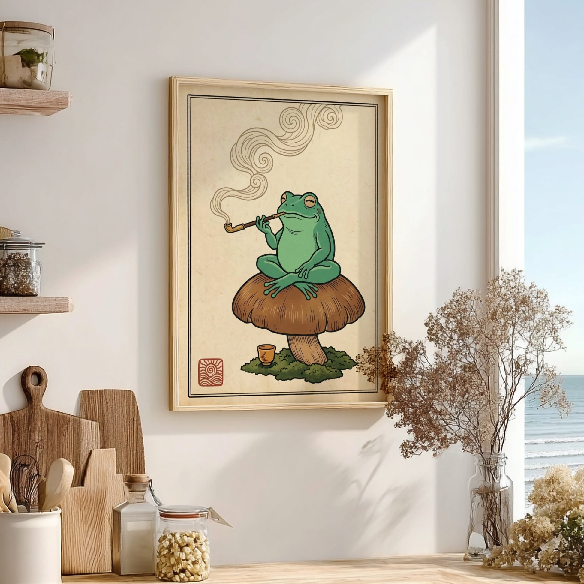 Japanese art style poster featuring a green frog smoking a pipe on a mushroom