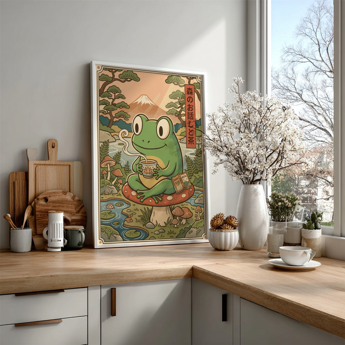 Poster of a green frog drinking tea on a mushroom with Mount Fuji background