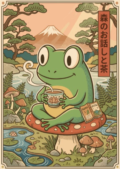 Poster of a green frog drinking tea on a mushroom with Mount Fuji background