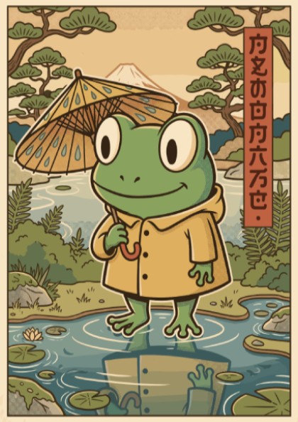 Poster featuring a cute frog in a yellow raincoat holding an umbrella outdoors.