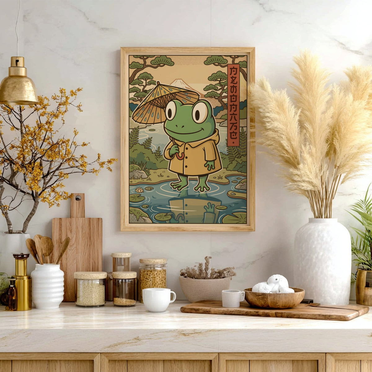 Poster featuring a cute frog in a yellow raincoat holding an umbrella outdoors.