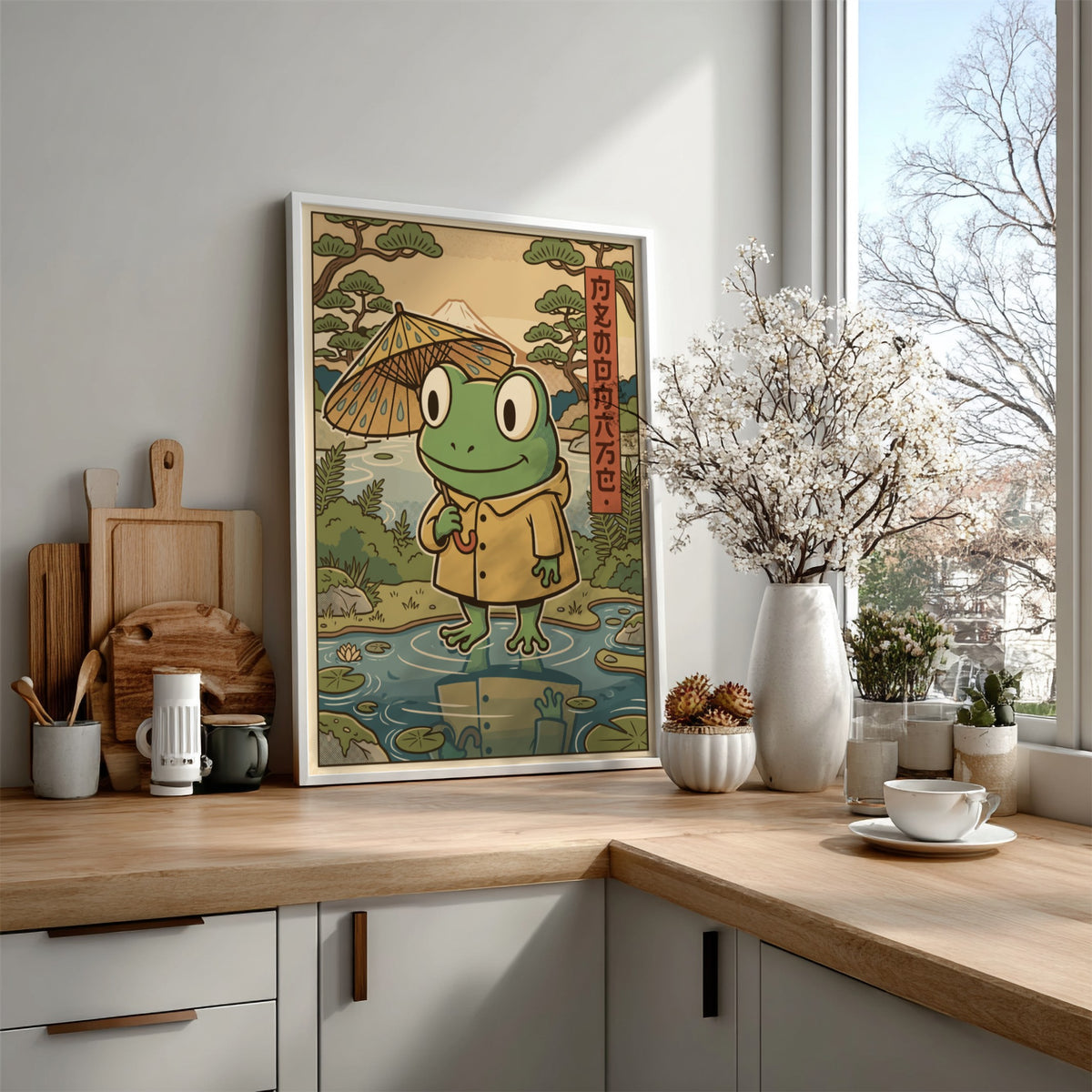Poster featuring a cute frog in a yellow raincoat holding an umbrella outdoors.