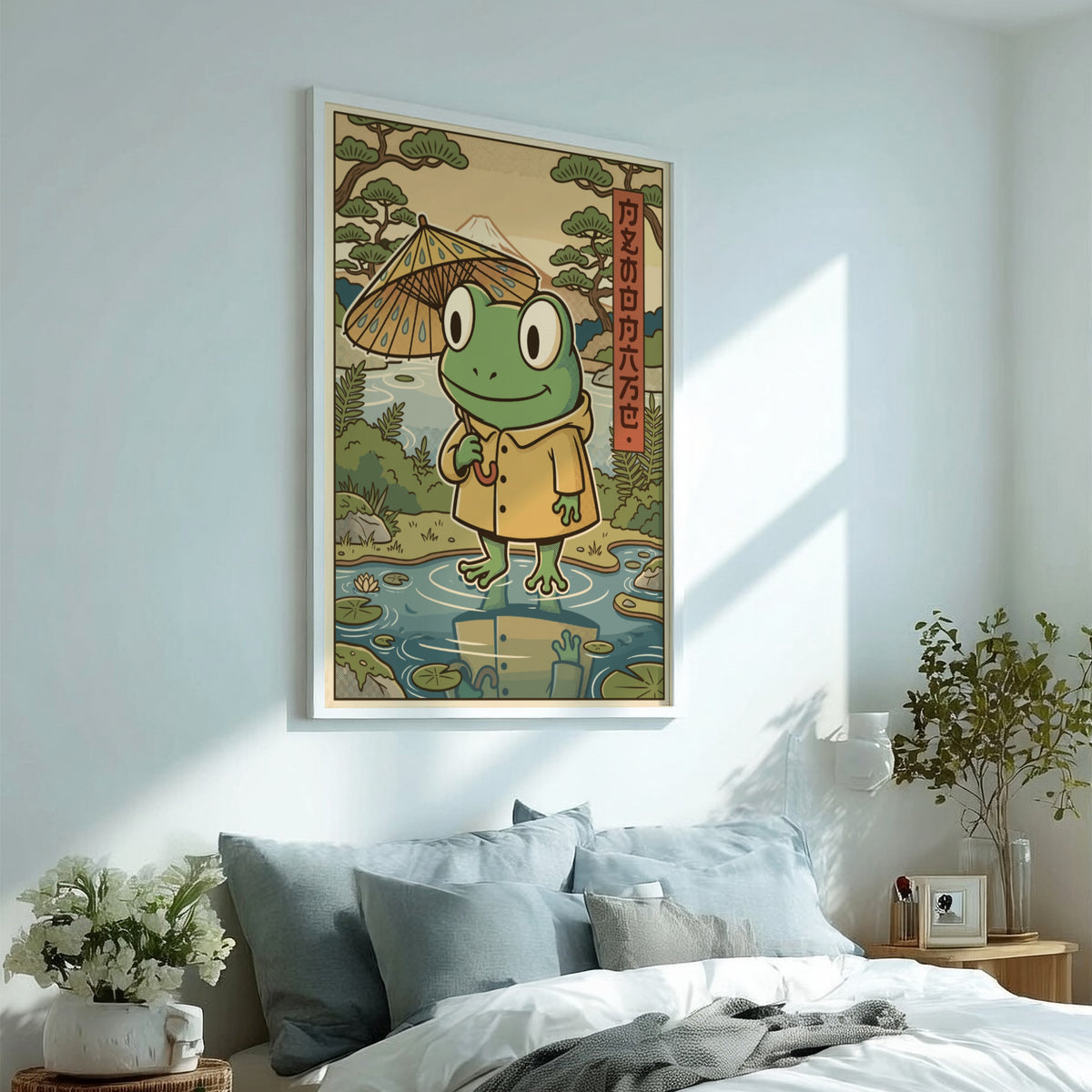 Poster featuring a cute frog in a yellow raincoat holding an umbrella outdoors.