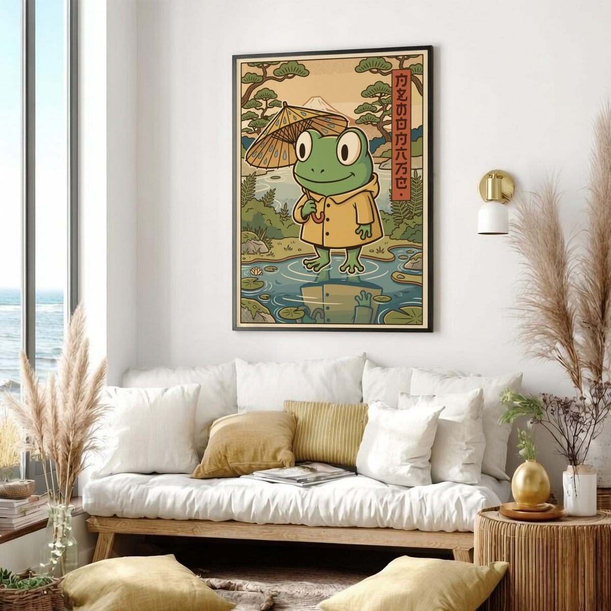 Poster featuring a cute frog in a yellow raincoat holding an umbrella outdoors.