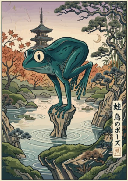 Poster featuring a green frog in a yoga pose near a Japanese pagoda