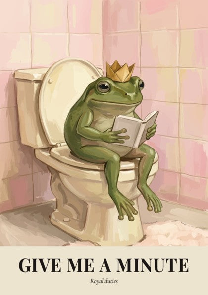 Poster of a crowned frog reading a book while sitting on a toilet seat