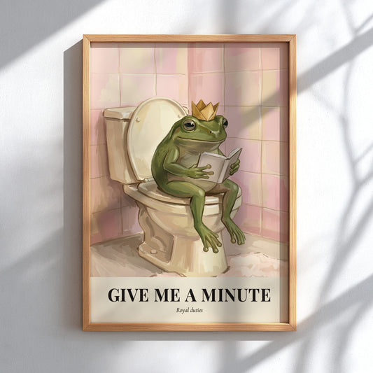 Poster of a crowned frog reading a book while sitting on a toilet seat