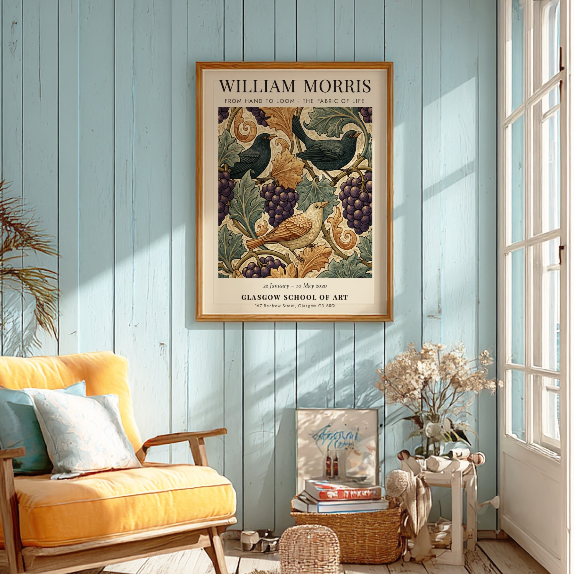 William Morris poster featuring birds and grapevines in warm colors