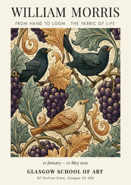William Morris poster featuring birds and grapevines in warm colors