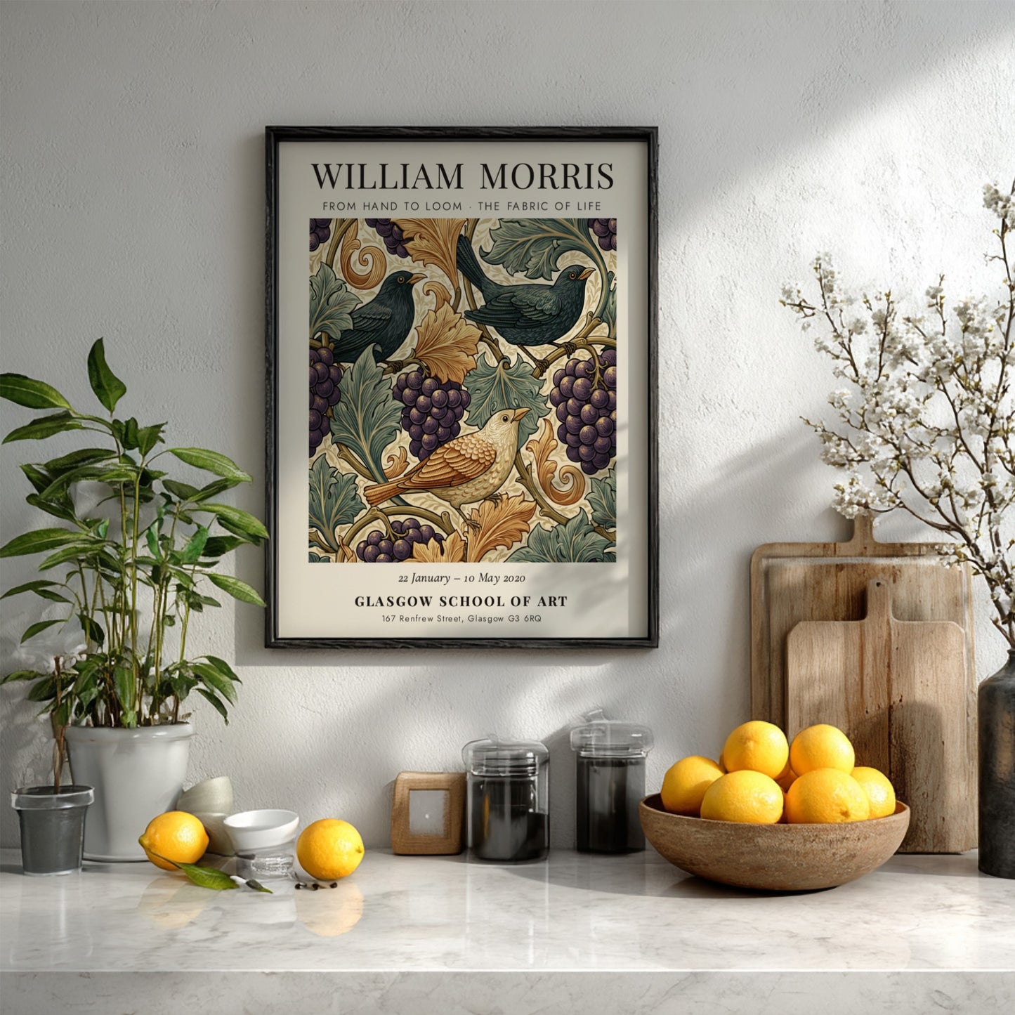 William Morris poster featuring birds and grapevines in warm colors