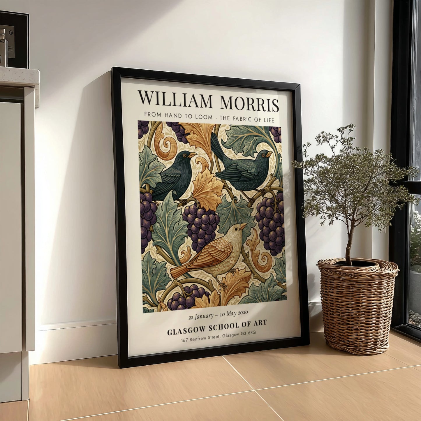 William Morris poster featuring birds and grapevines in warm colors