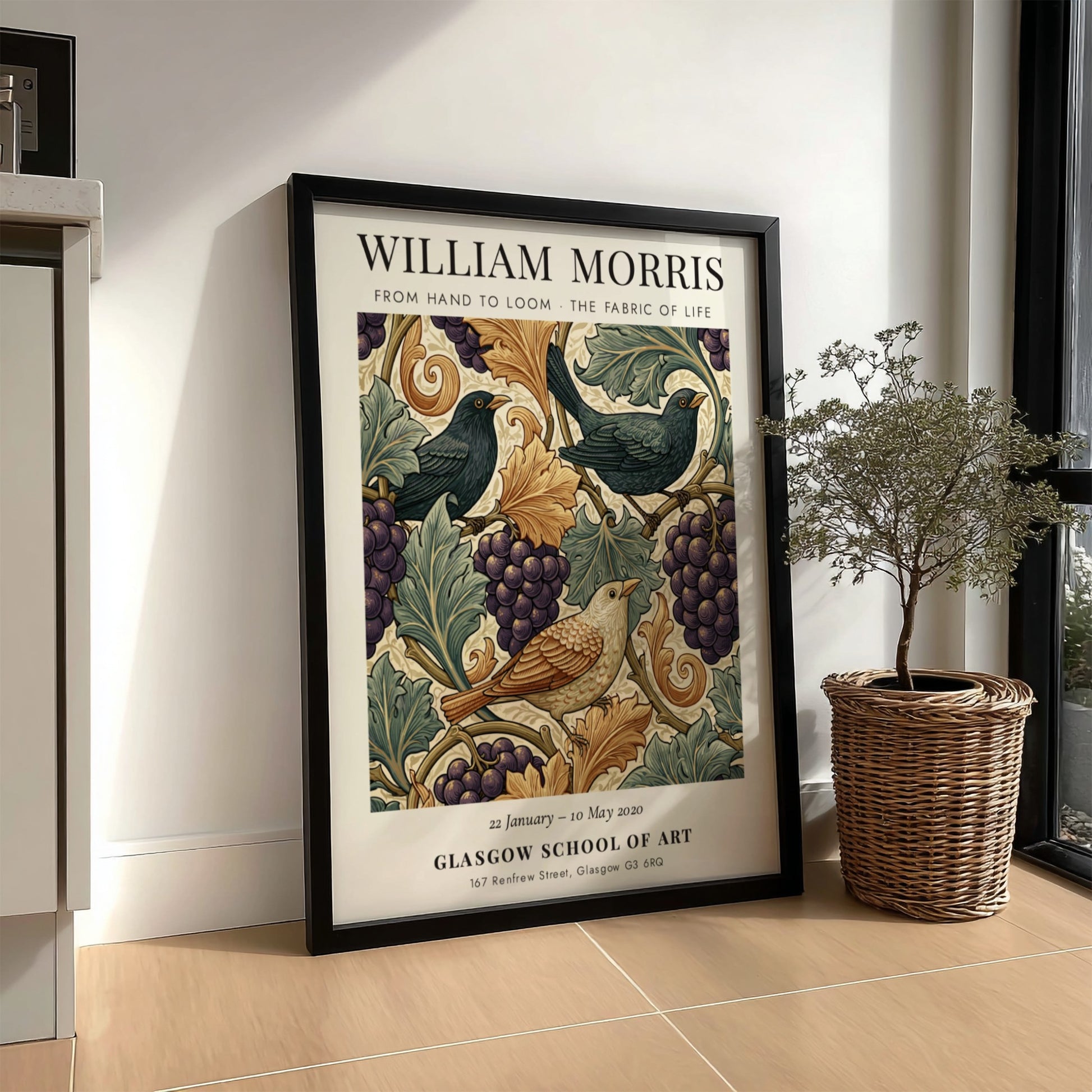 William Morris poster featuring birds and grapevines in warm colors