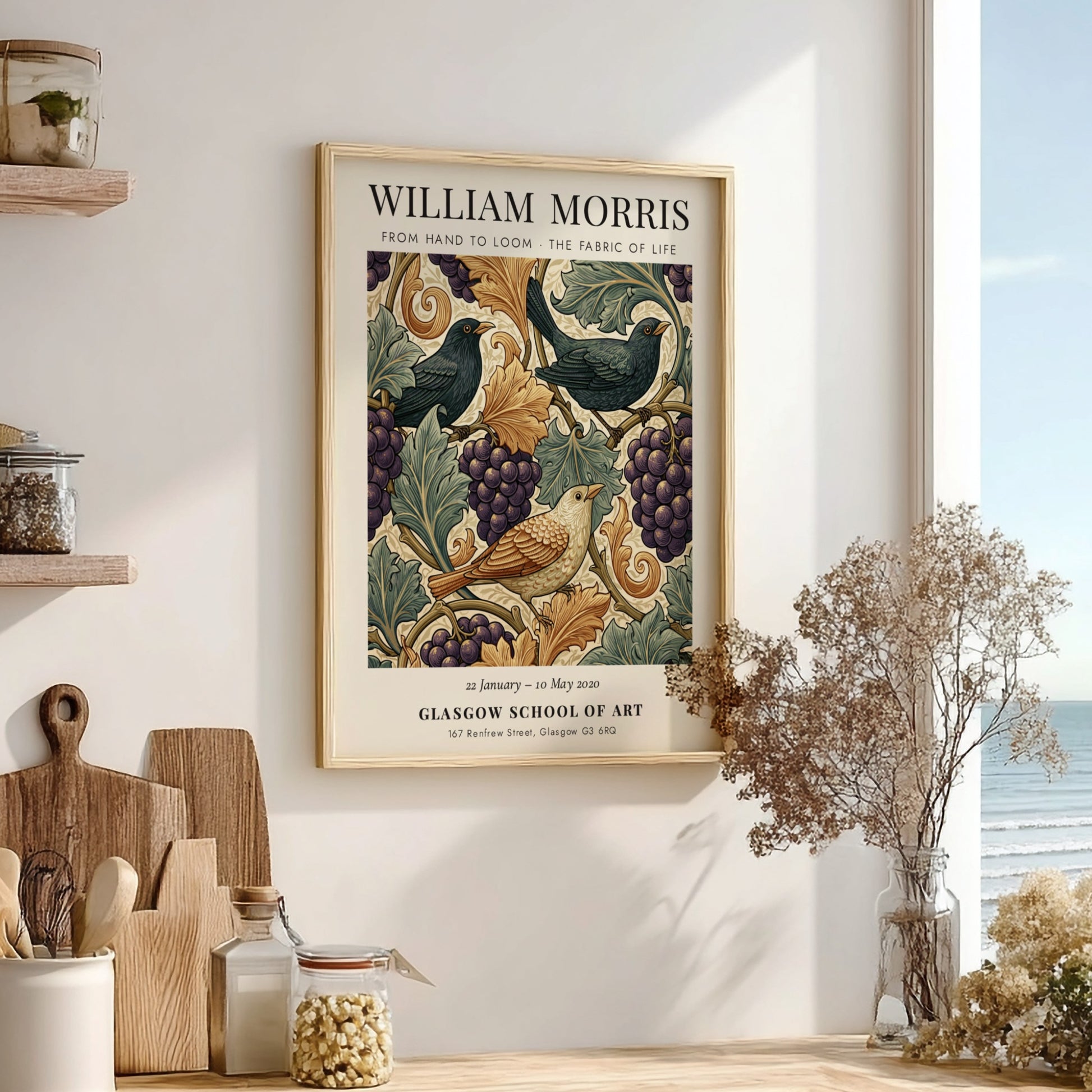William Morris poster featuring birds and grapevines in warm colors
