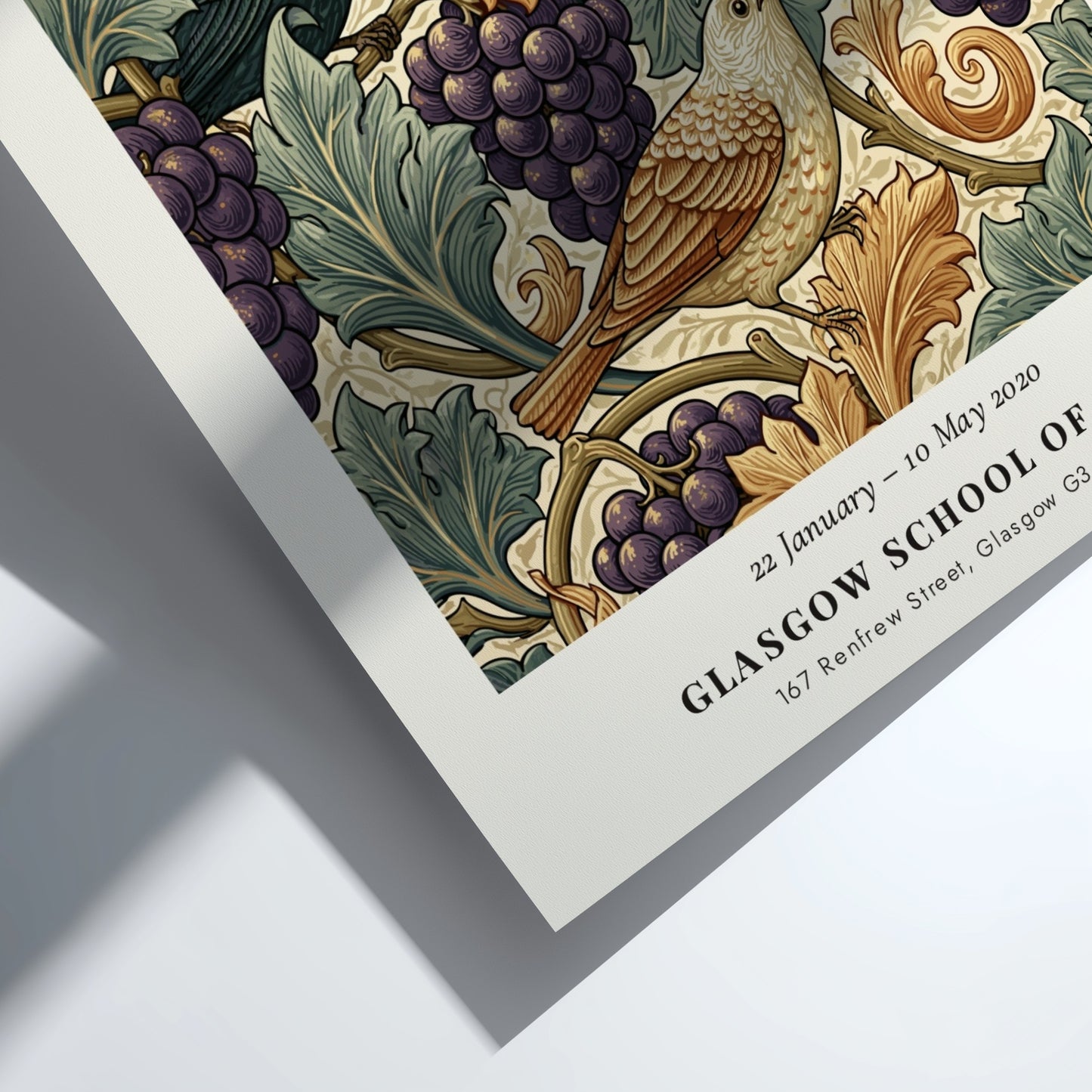 William Morris poster featuring birds and grapevines in warm colors